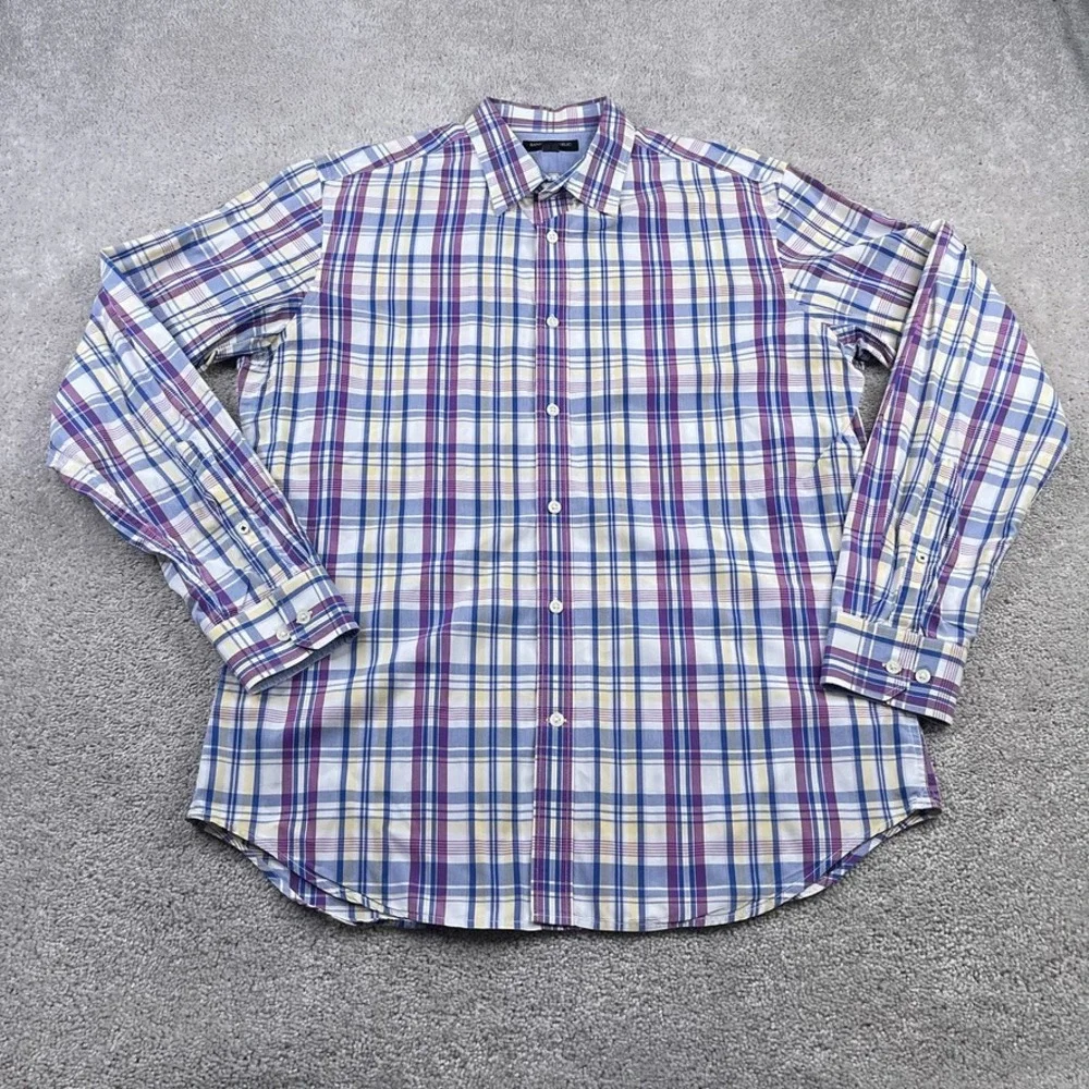 Banana Republic Shirt Mens Large Purple Plaid Soft‎ Wash Button Up Business